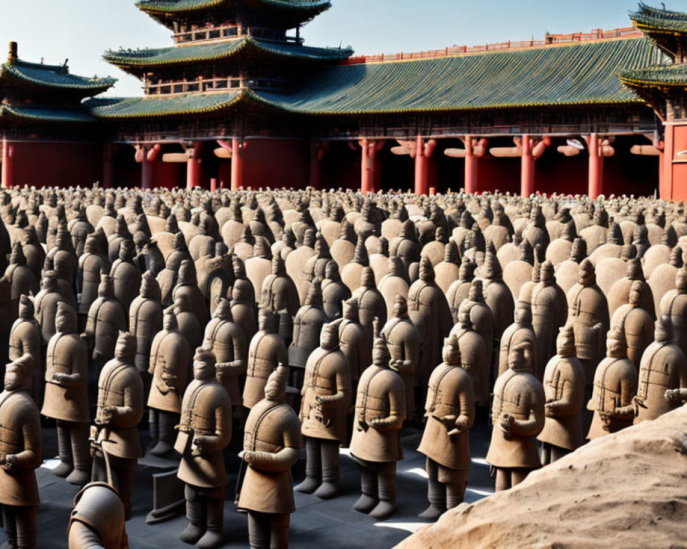 Ancient Chinese palace courtyard with rows of terracotta warrior statues