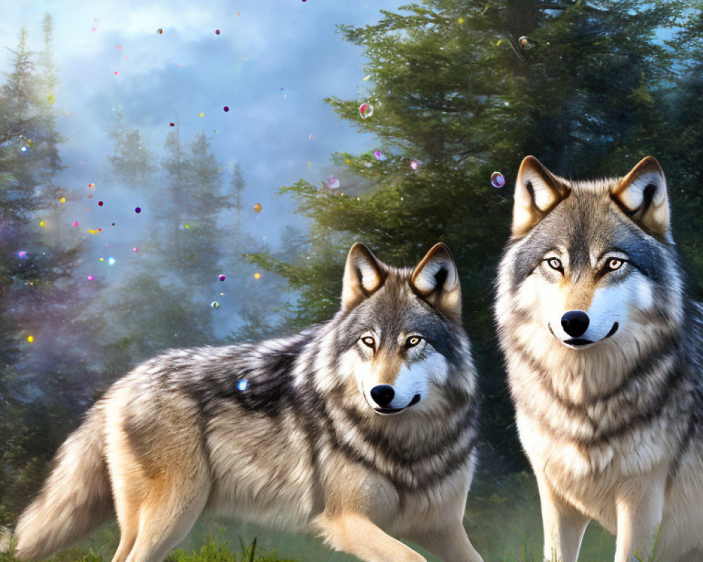 Mystical forest scene with two wolves and butterflies
