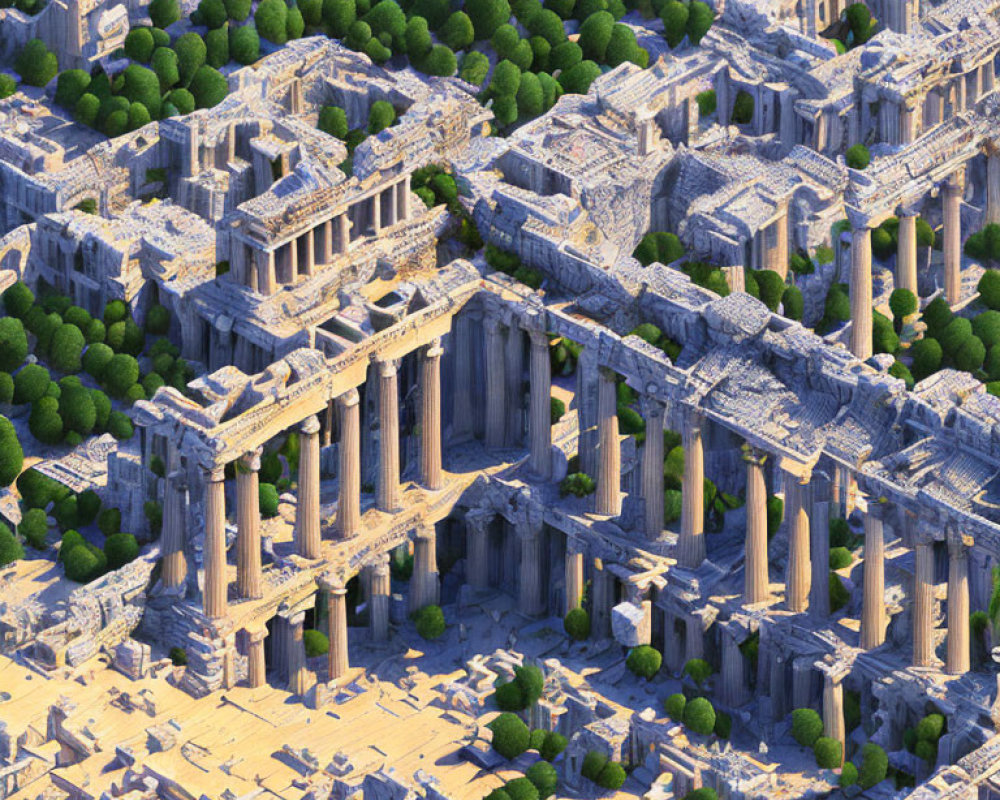 Ancient Greek temple ruins with columns in sunlight