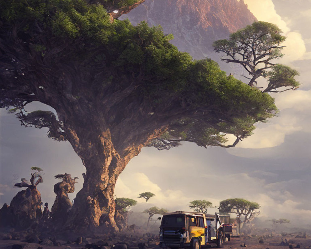4x4 vehicle parked under ancient tree in rocky landscape