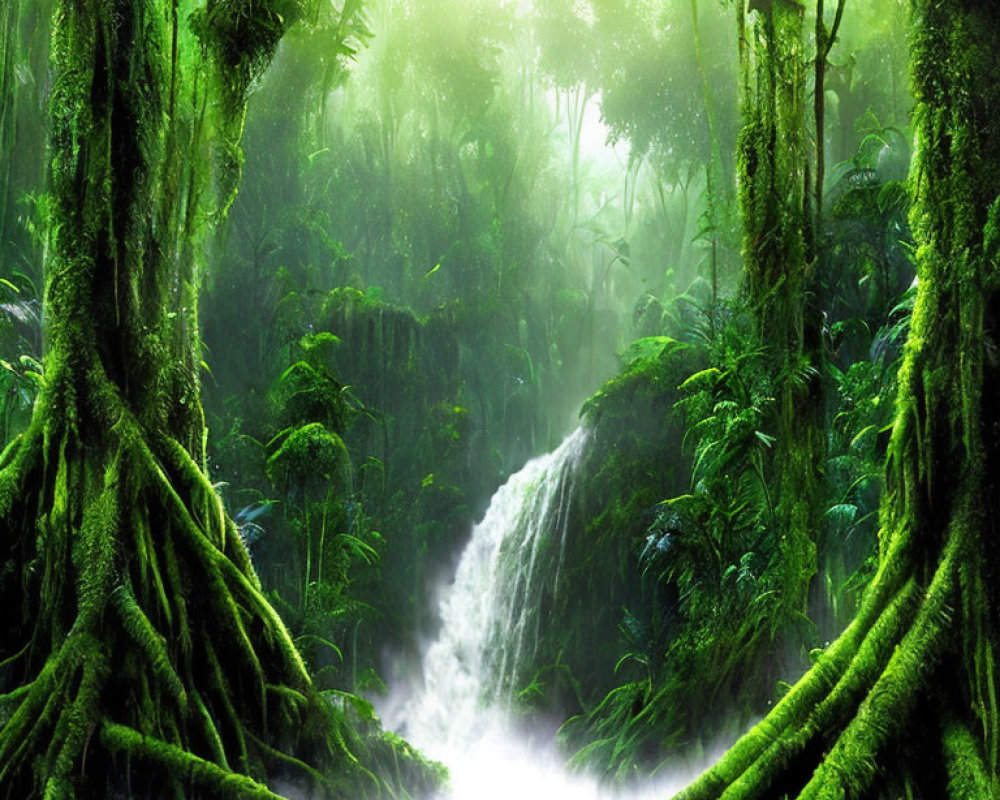 Lush Green Rainforest with Towering Trees and Waterfall