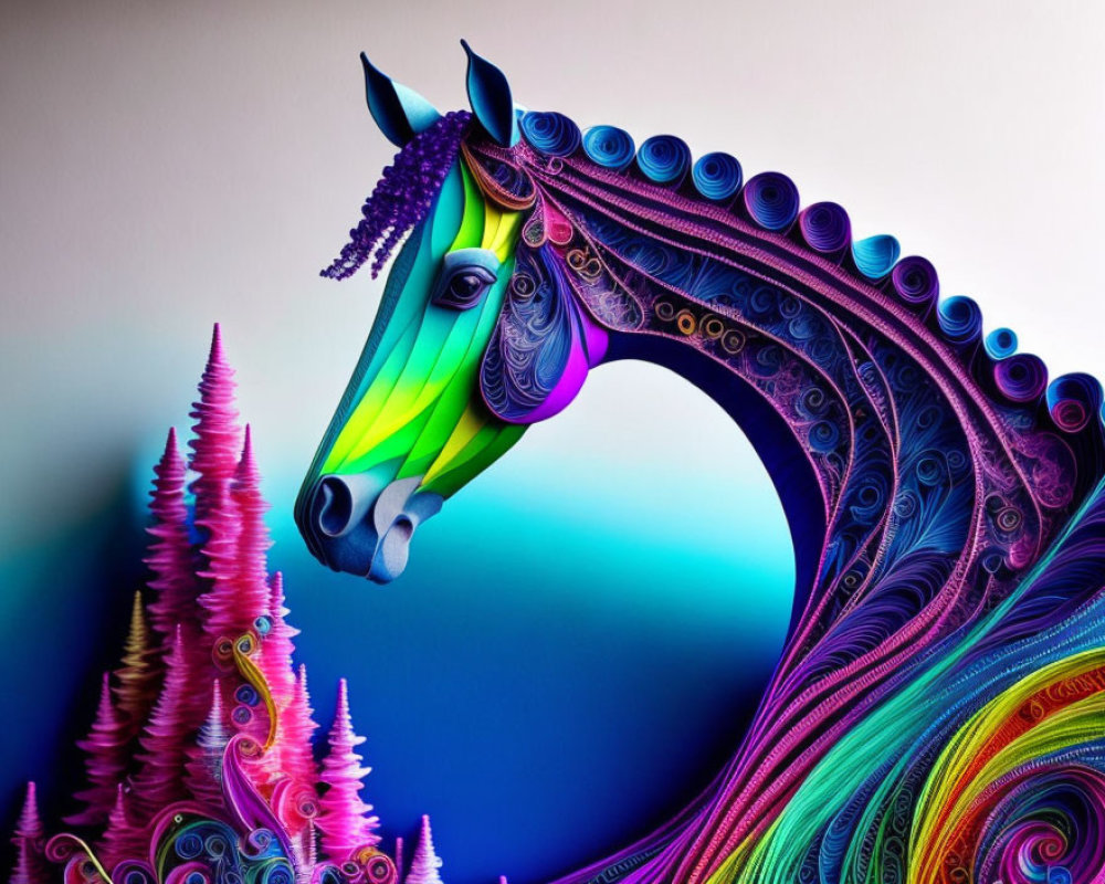 Colorful Stylized Horse Artwork with Flowing Mane and Spirals