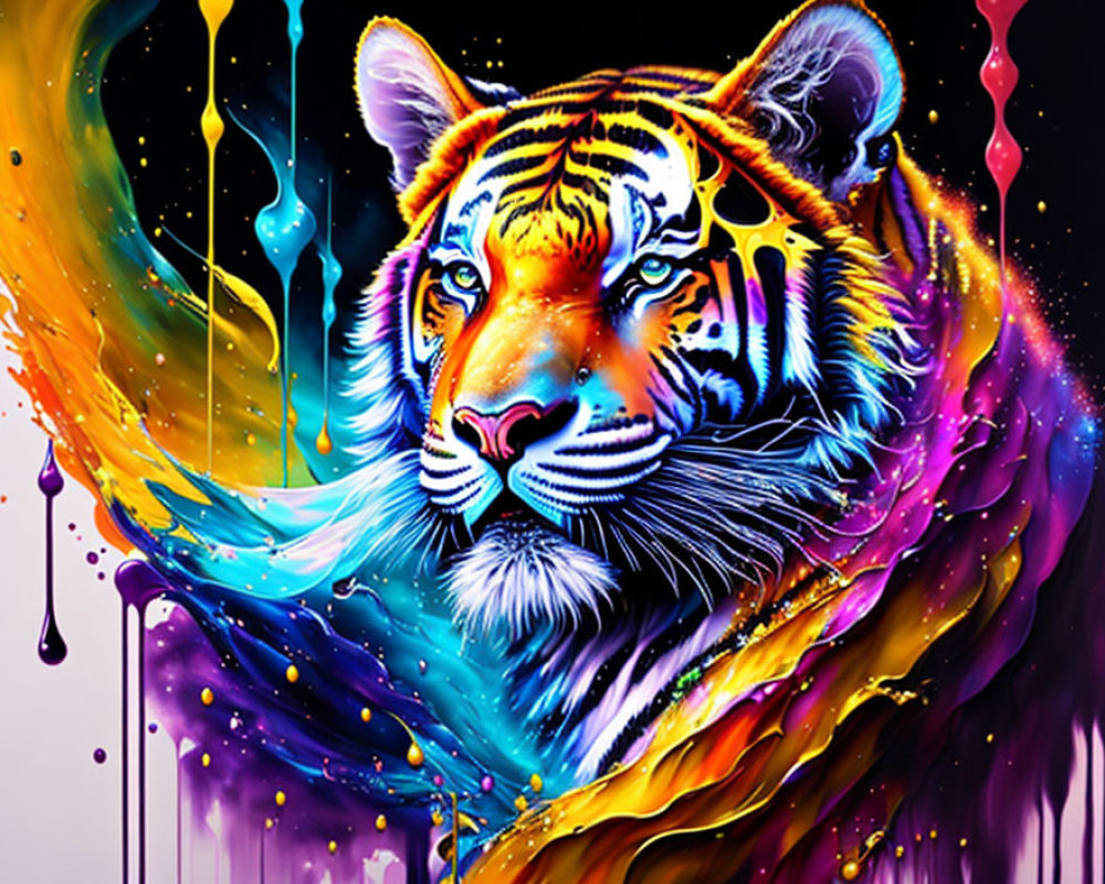 Colorful Tiger Head Artwork with Paint-Drip Effect and Cosmic Background