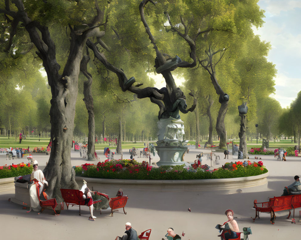 Lively park scene with statue, benches, lush trees, and people on sunny day