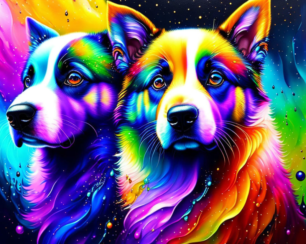 Colorful Multicolored Dogs Faces on Cosmic Background