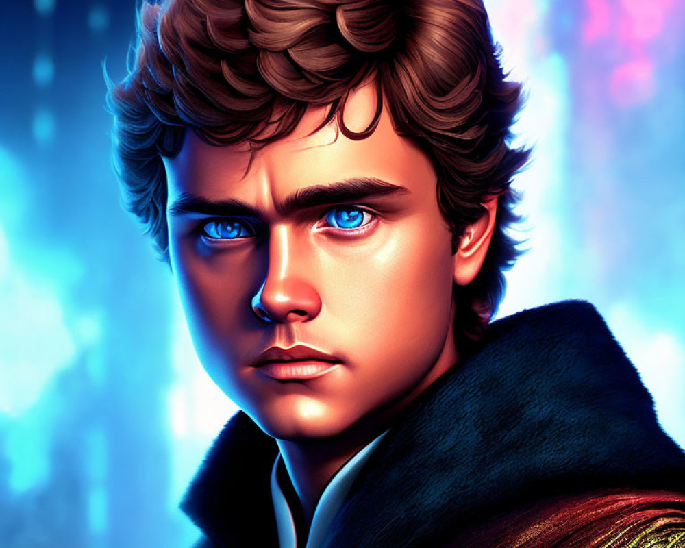 Young man with blue eyes and red cloak in futuristic digital art