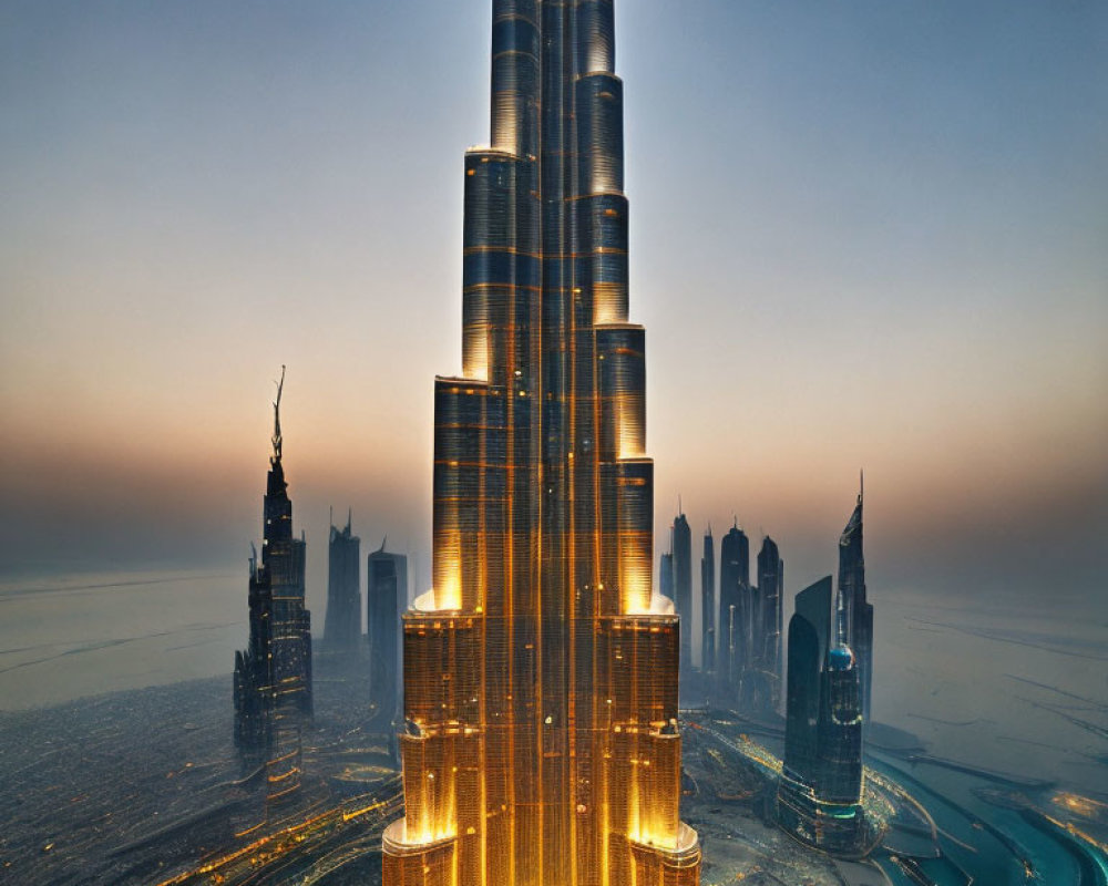 Twilight aerial view of illuminated Burj Khalifa amid skyscrapers and roads