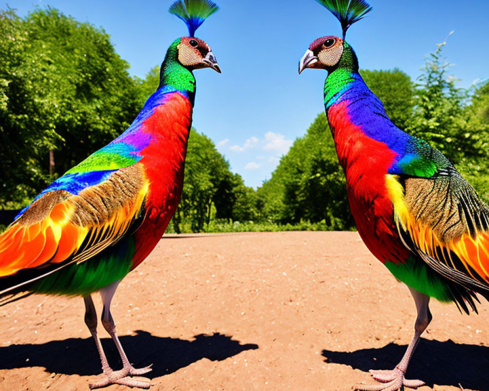 Vibrantly colored peacocks displaying rainbow hues under blue sky