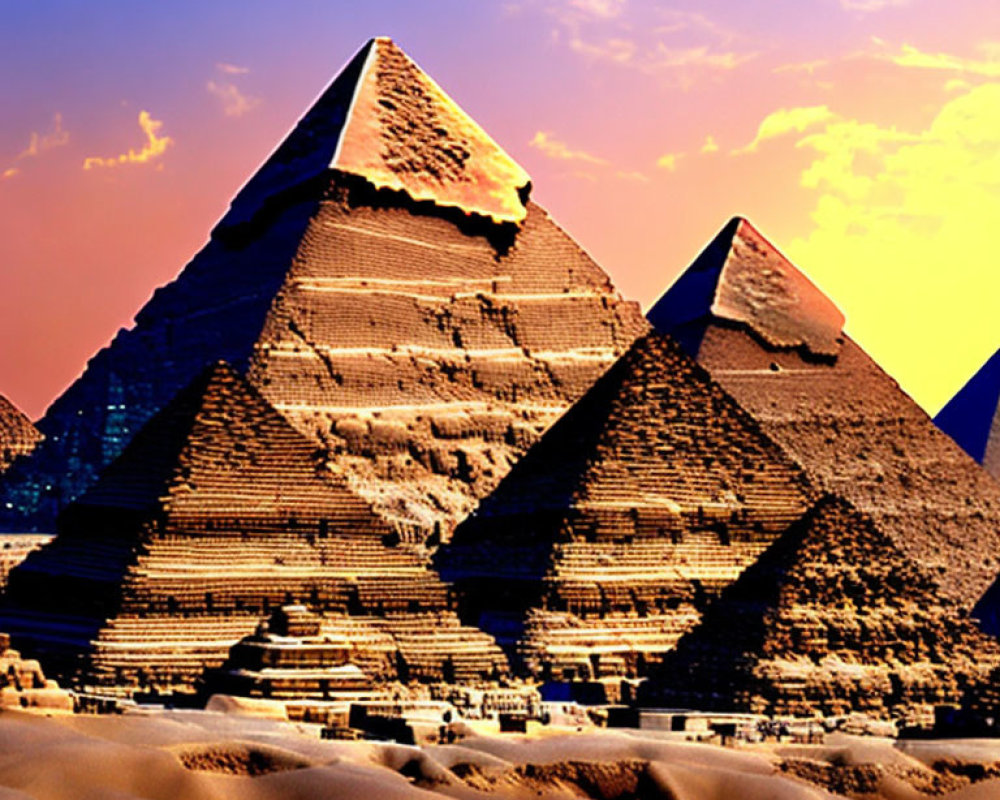 Iconic Great Pyramids of Giza at Sunset with Shadows on Sand