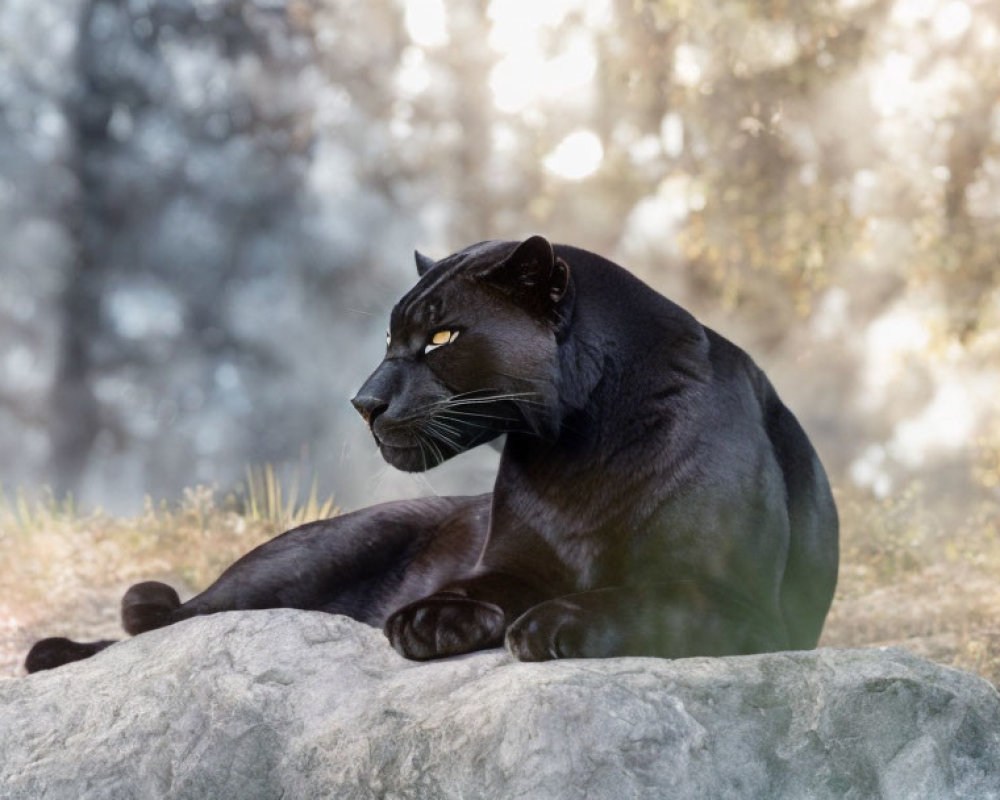 Black Panther Lounging on Rock in Misty Forest