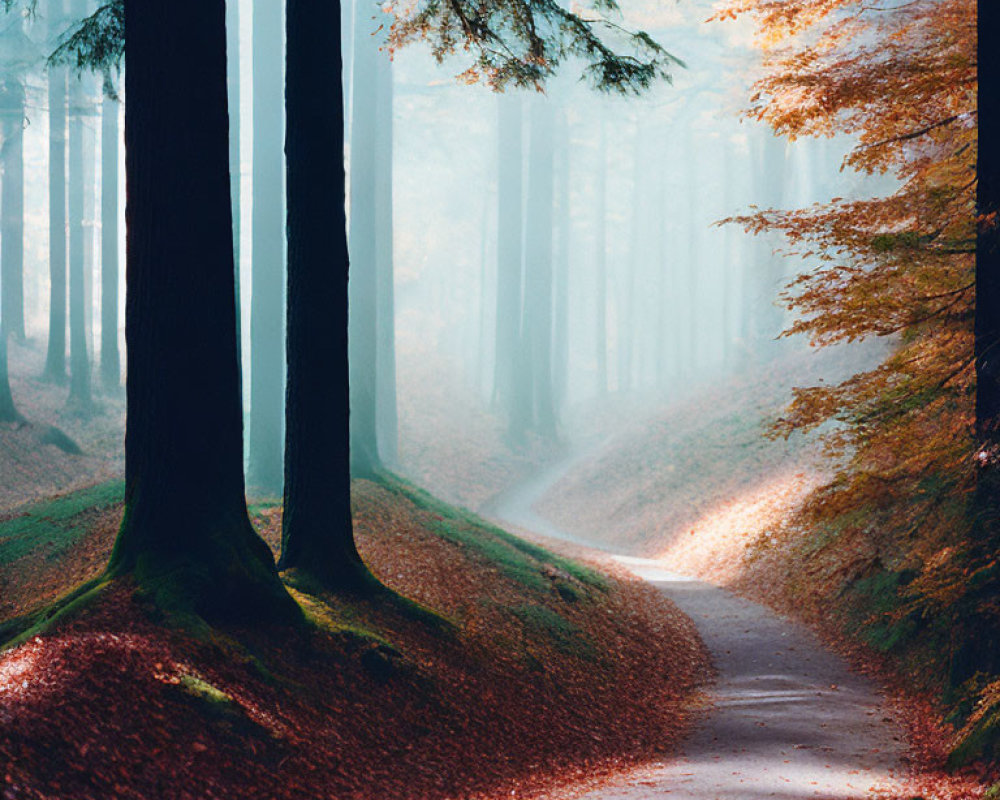 Serene forest path with misty sunlight through tall trees