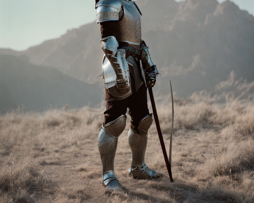Fully Armored Figure in Grass Field with Sword and Mountains