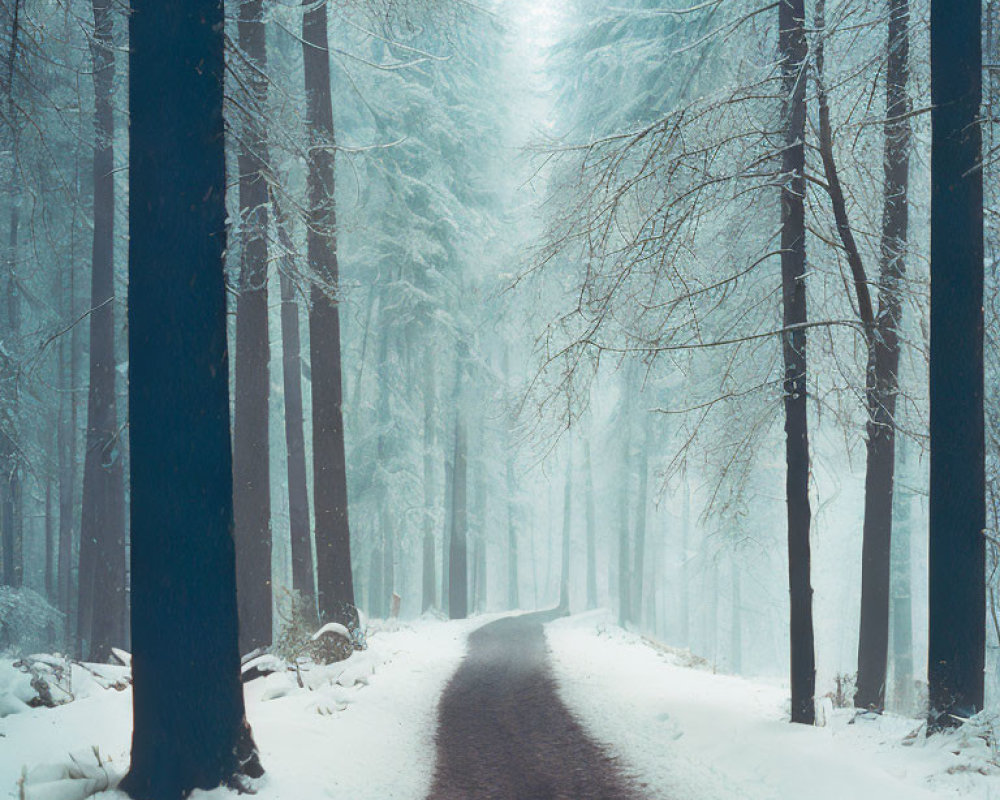Snowy Forest Path Flanked by Tall Trees in Misty Haze