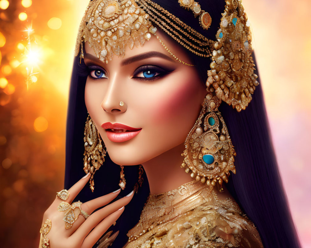 Detailed Illustration of Woman in Elaborate Gold Jewelry & Headpiece