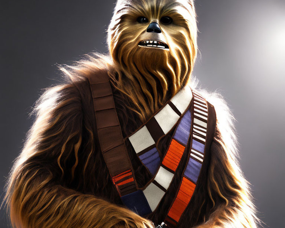 Detailed Chewbacca character with bandolier on grey background