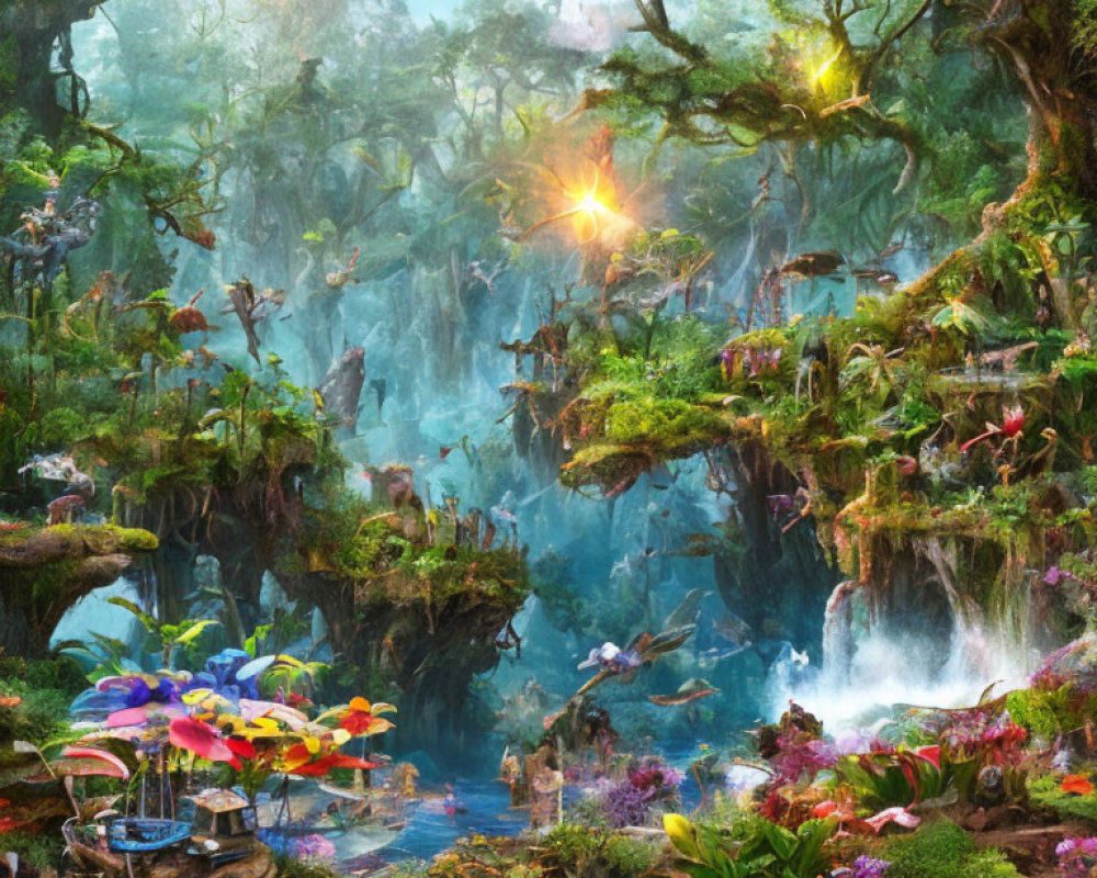 Colorful jungle with floating islands, waterfalls, and flying creatures