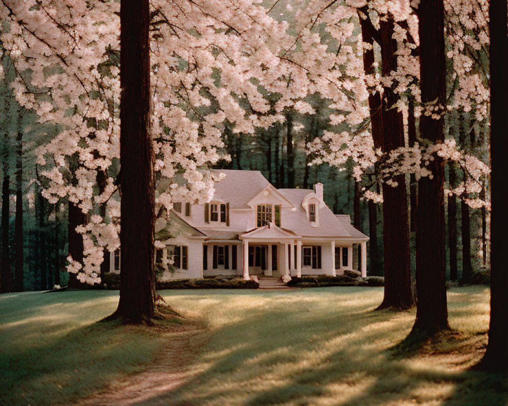 Cozy house surrounded by tall trees and white blossoms