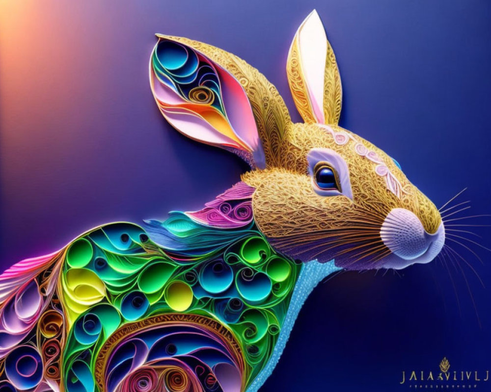 Colorful Paper Quilling Rabbit Artwork with Gradient Background