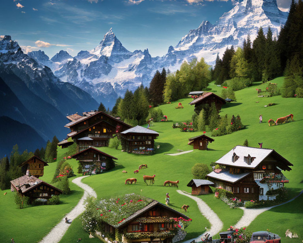 Alpine village with traditional chalets, meadows, cows, and snow-capped mountains