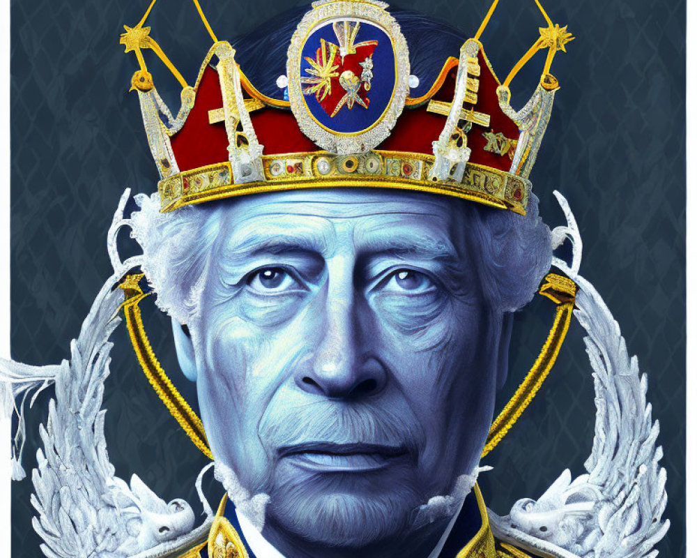 Regal man in crown and medals on dark background
