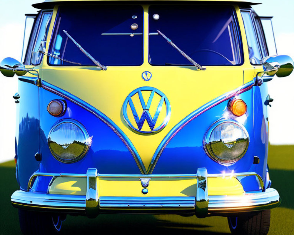 Blue and Yellow Volkswagen Type 2 Van with Chrome Accents and VW Logo on Green Grass