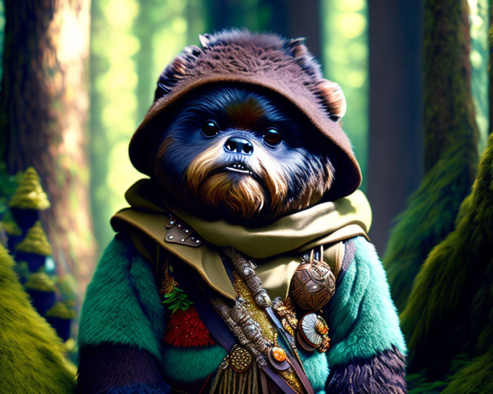Wookiee in hooded cloak standing in forest with sunlight.