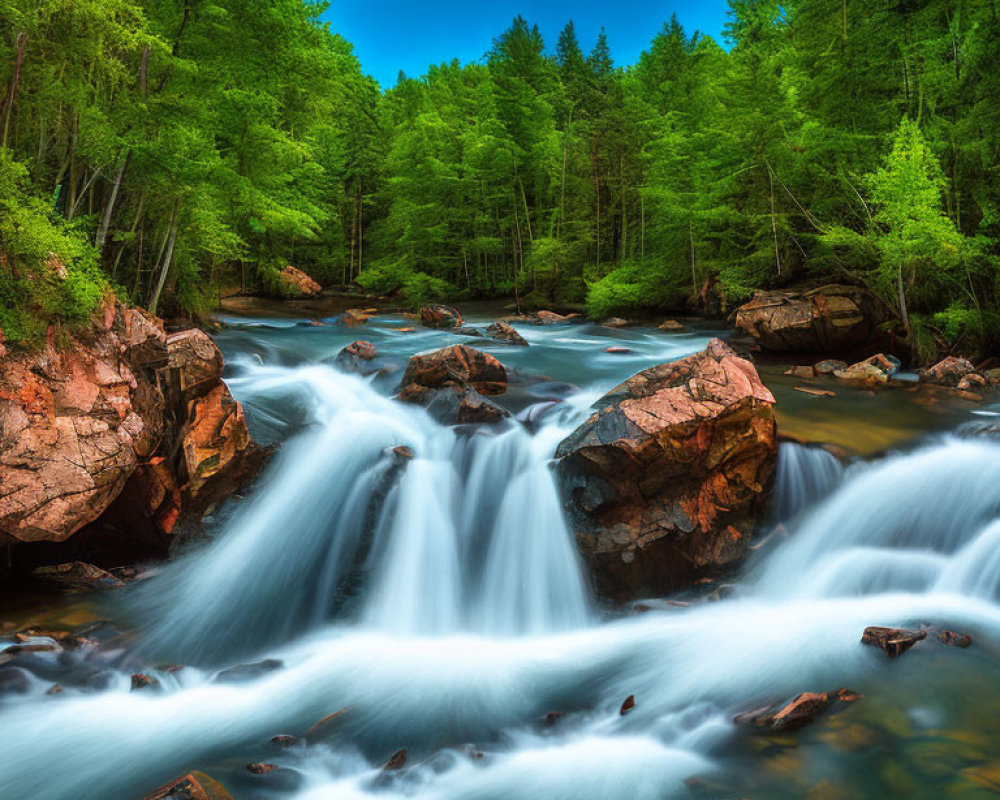 Tranquil waterfall in lush forest with green foliage and blue sky