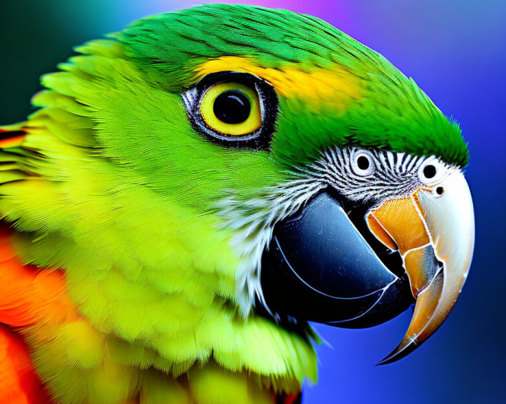 Colorful Parrot Close-Up with Green Feathers, Yellow Eye, and Orange Beak