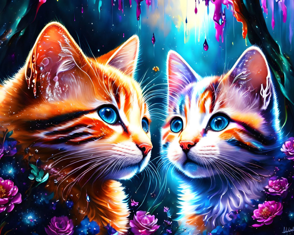 Colorful Illustration of Two Kittens with Blue Eyes and Flowers
