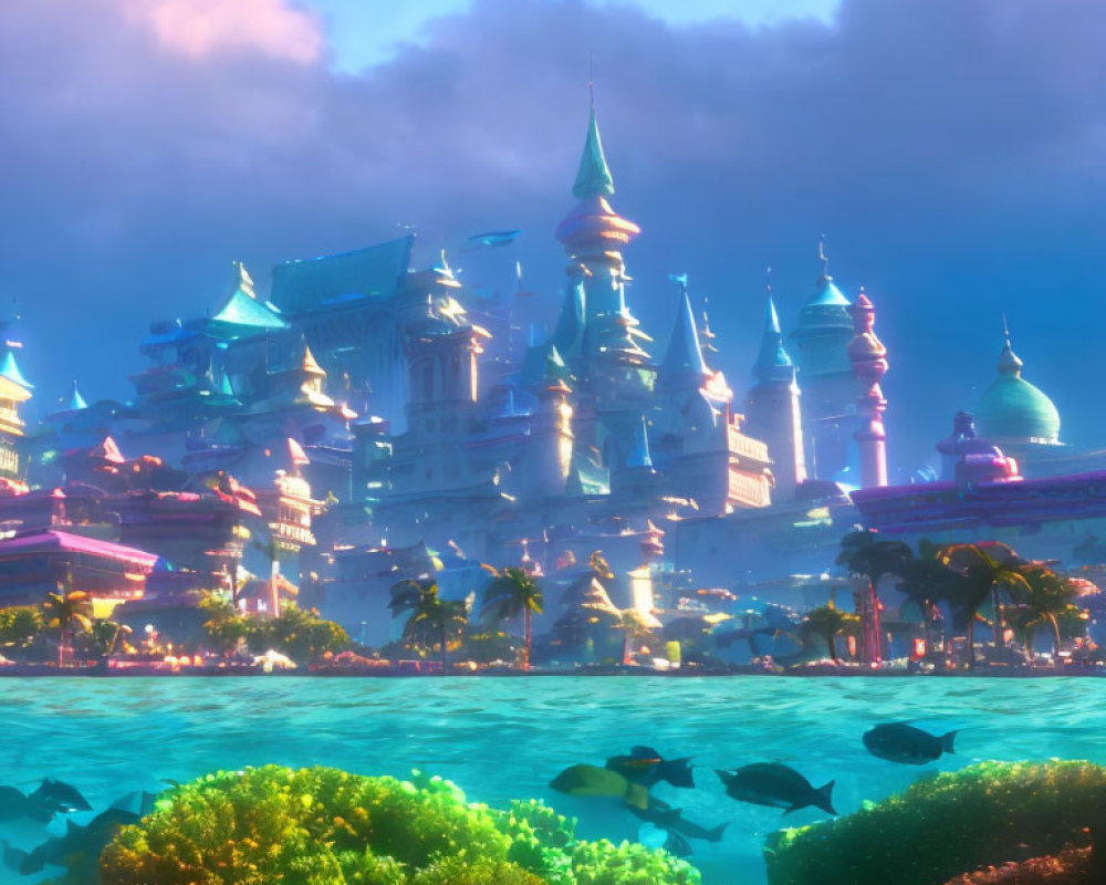 Fantastical cityscape with towering spires and pinkish sky reflected in dark fish-filled water