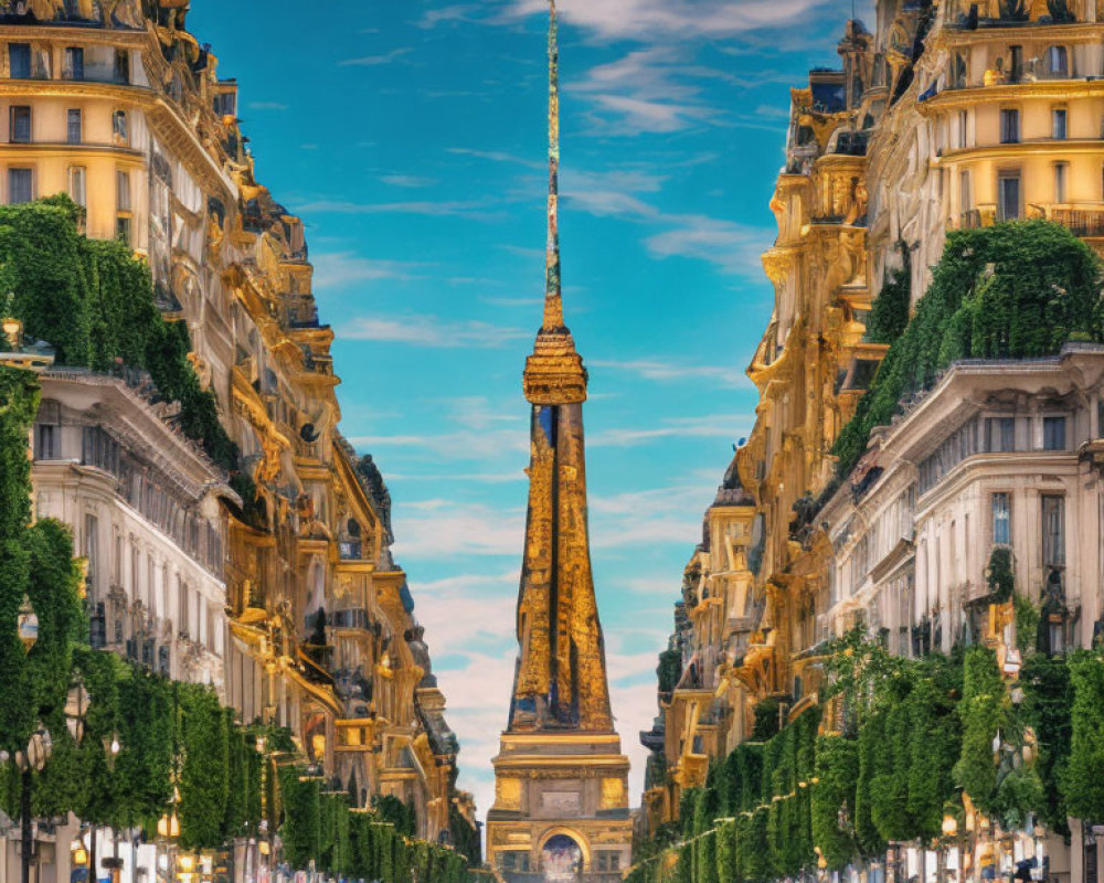 Symmetrical Eiffel Tower View with Parisian Buildings and Street Scene