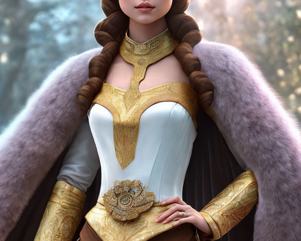 CGI image of regal woman in gold-accented corset, fur cape, and bra