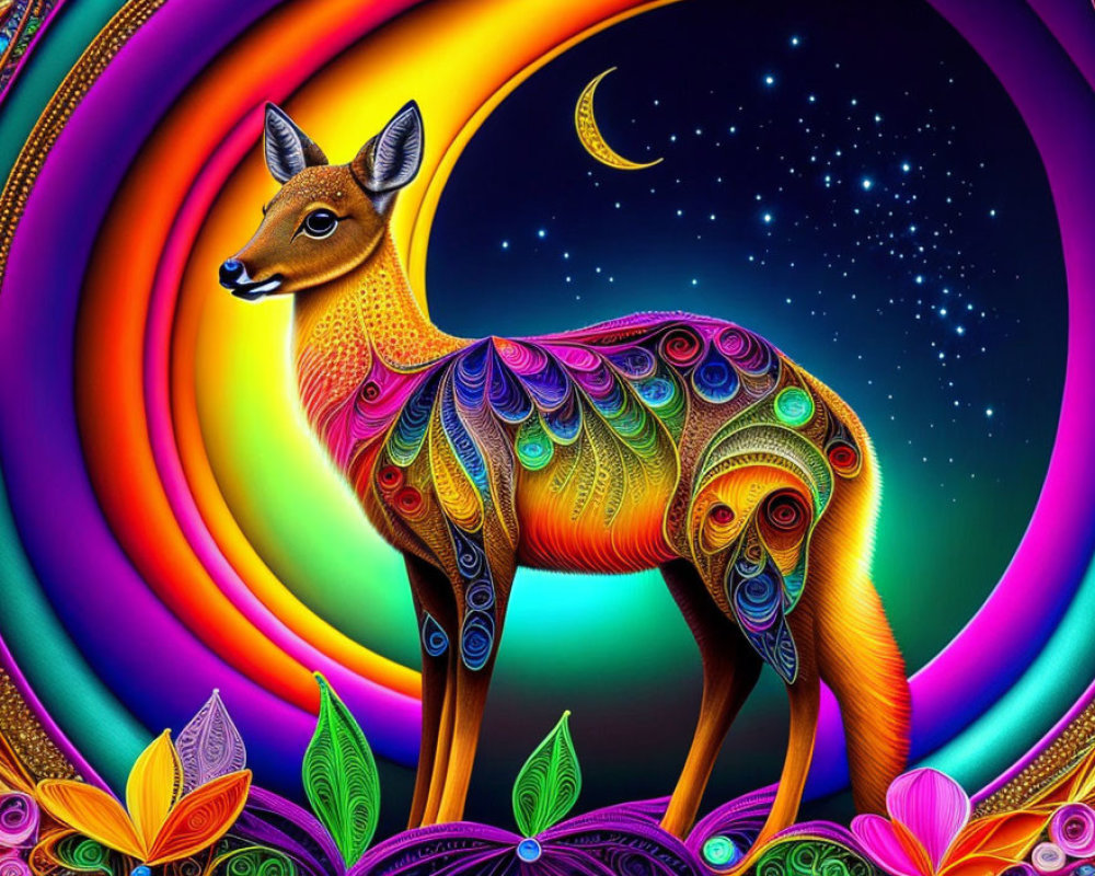 Colorful Psychedelic Deer Illustration with Intricate Patterns and Celestial Background