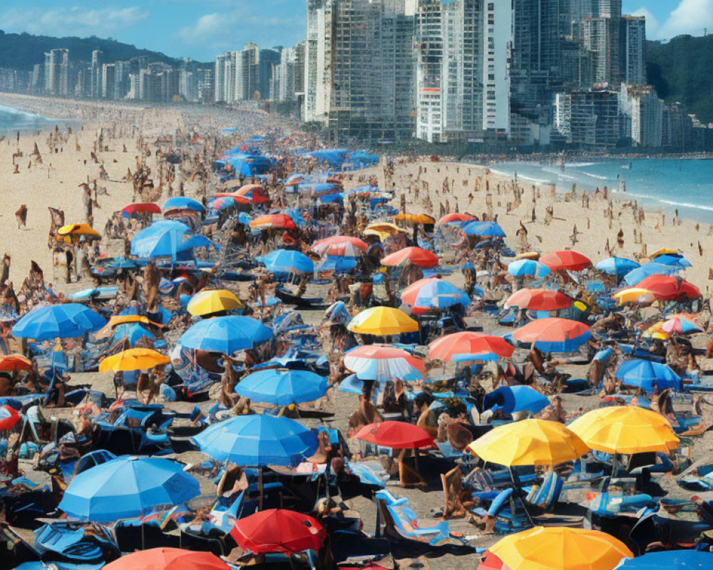 Vibrant beach scene with colorful umbrellas and sunbathers