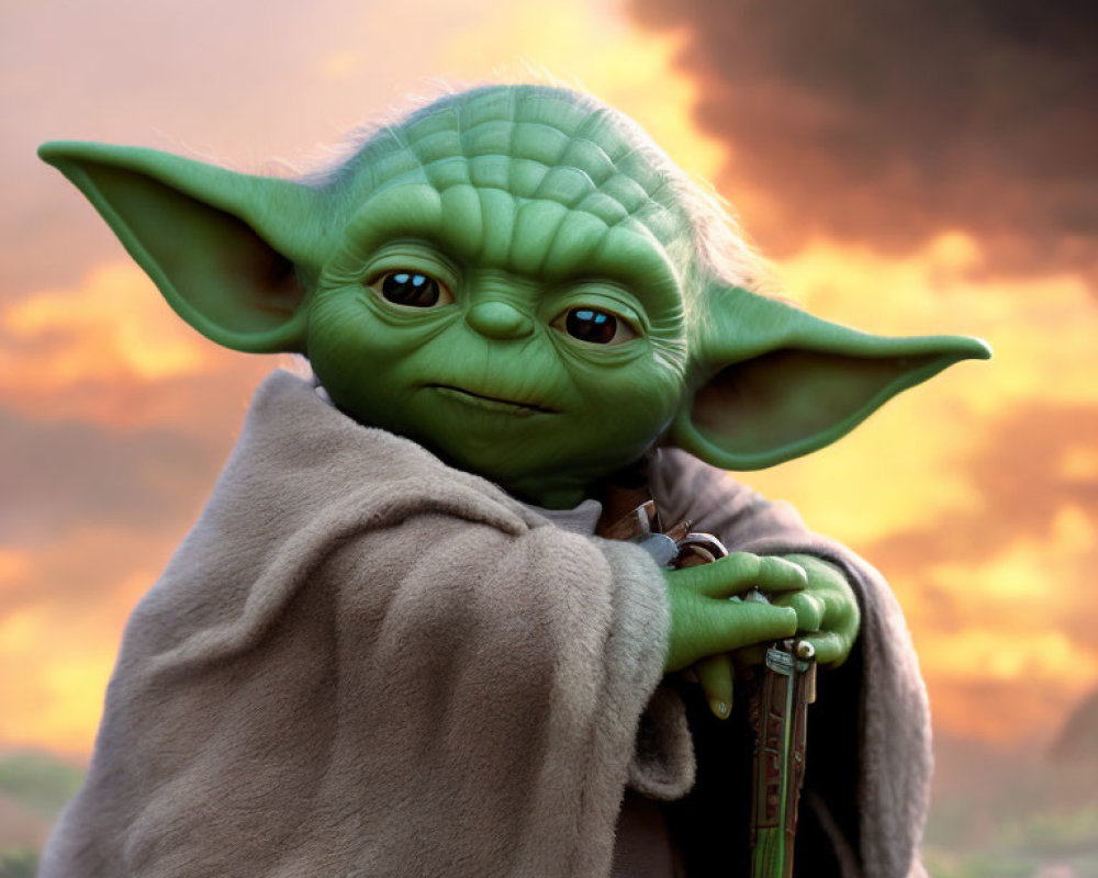 Yoda Close-Up with Sunset Backdrop and Wise Expression