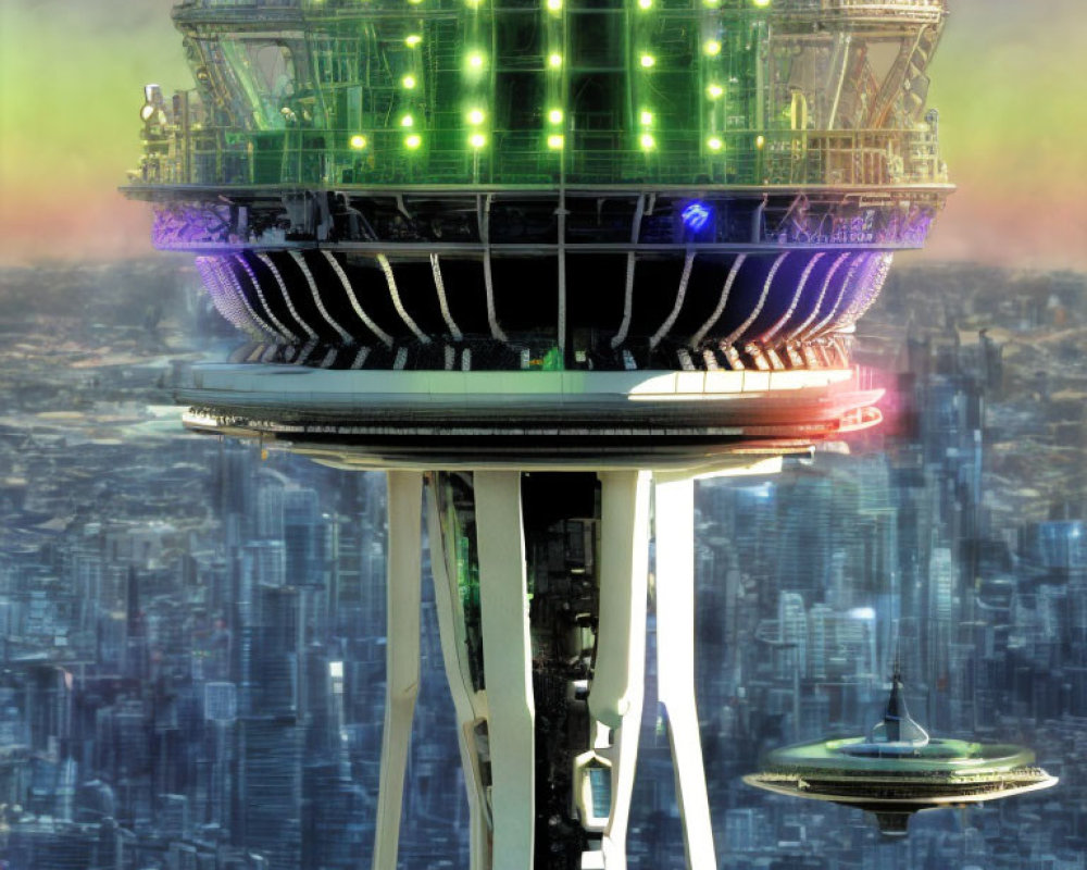 Futuristic cityscape with glowing dome and flying vehicles at dusk
