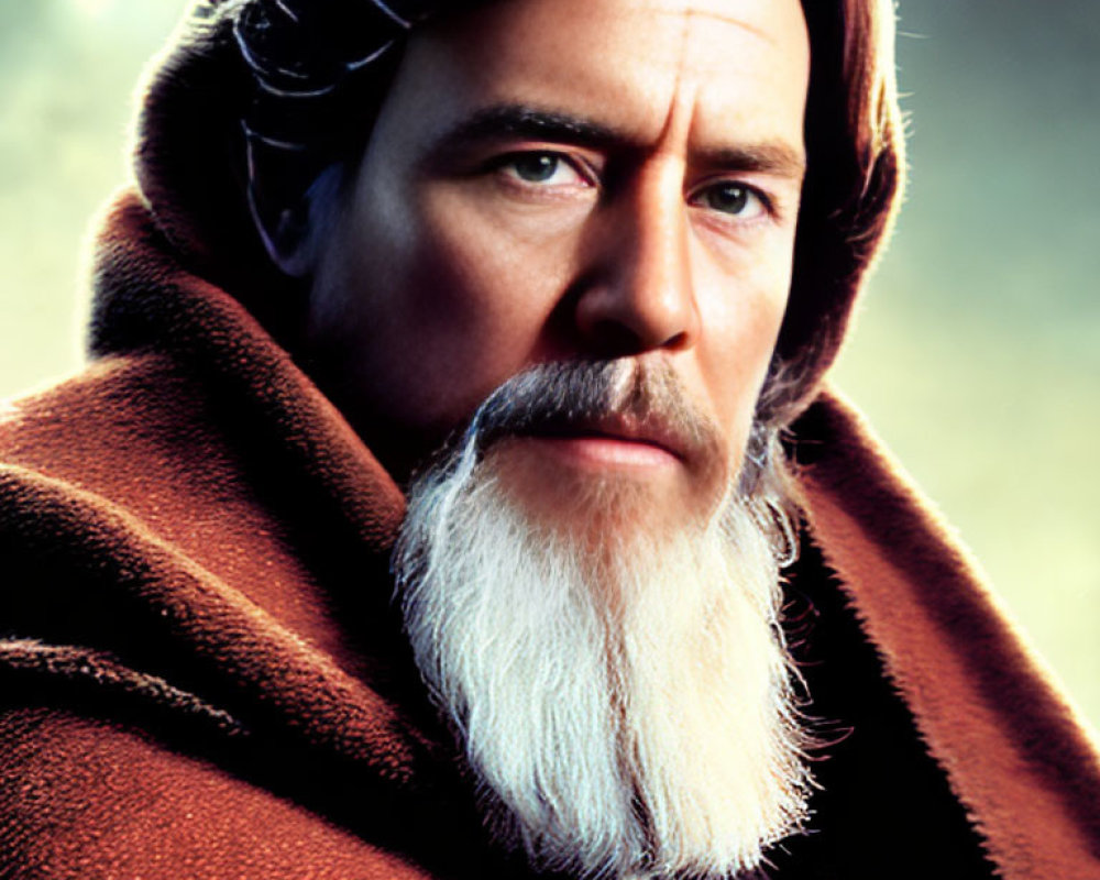 Bearded man in brown cloak with raised collar, gazing intently
