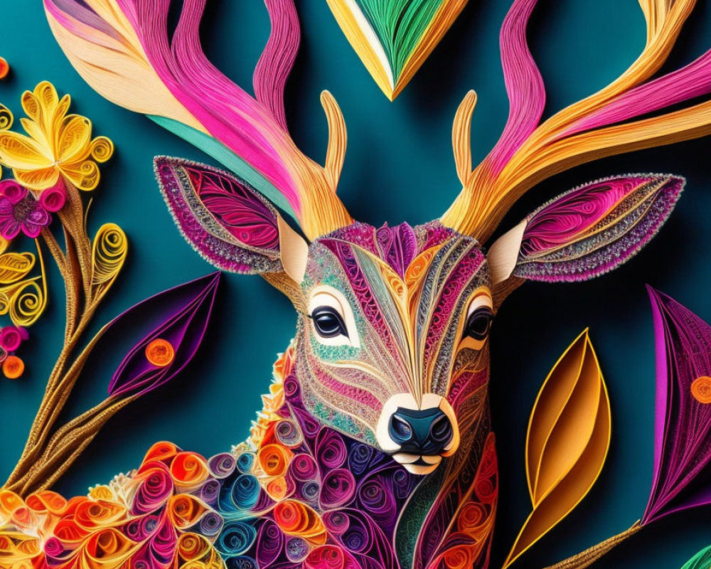 Vibrant paper quilling art: Deer with colorful patterns on teal background