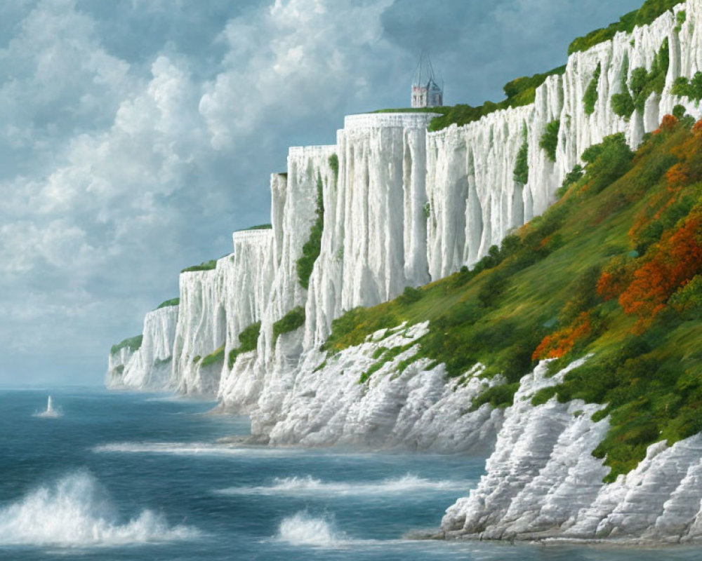 White Chalk Cliffs, Sailboat, and Lone Building in Scenic View