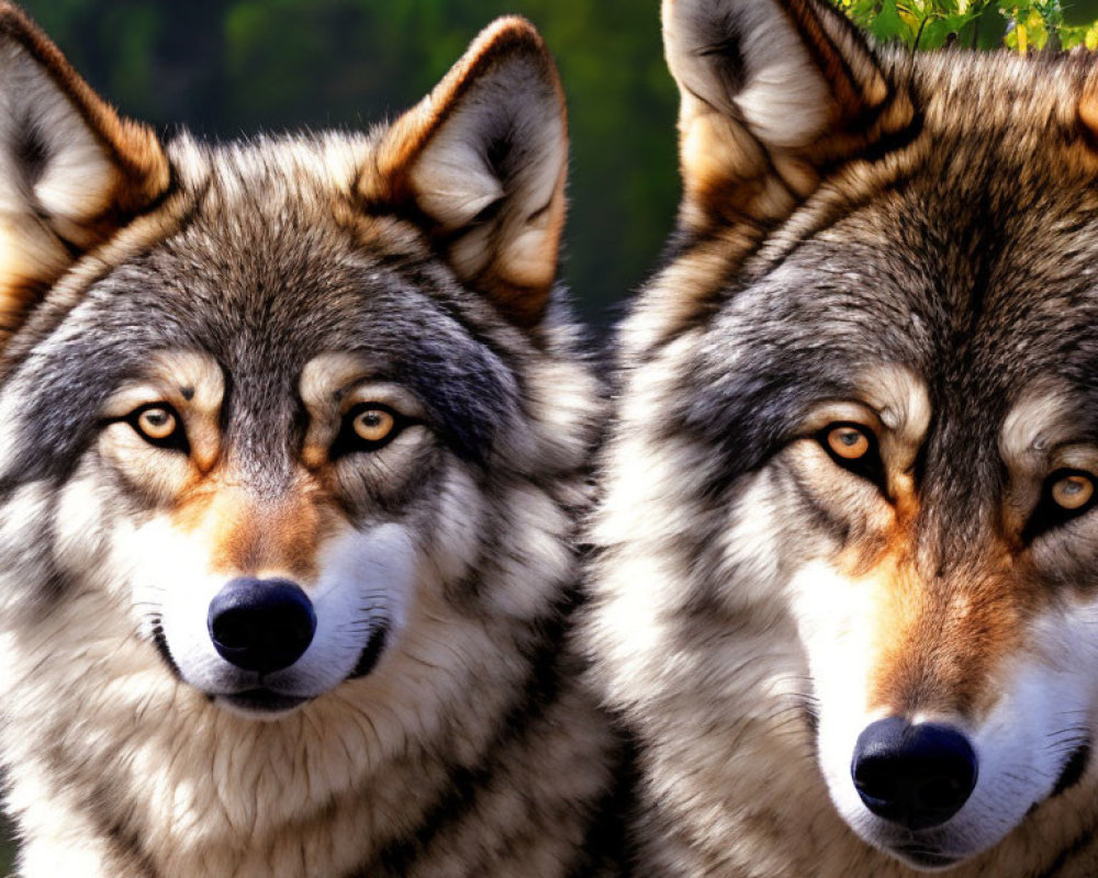 Two wolves with thick fur and intense eyes in lush greenery.