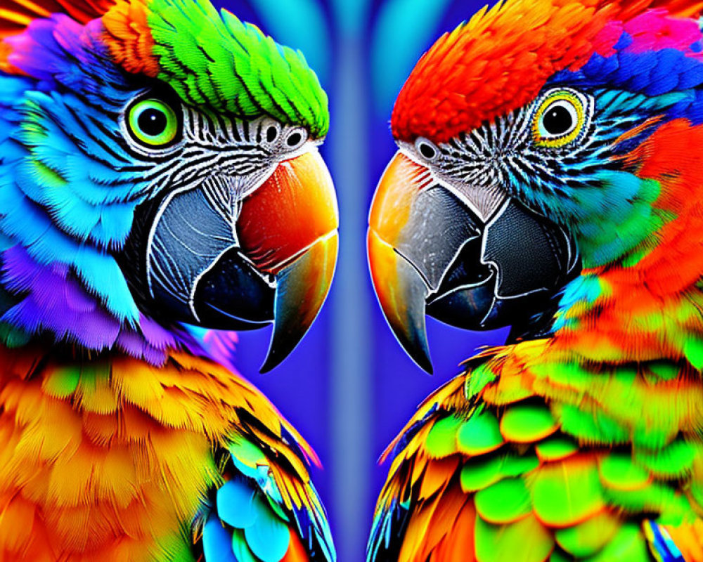 Colorful parrots on vibrant blue background