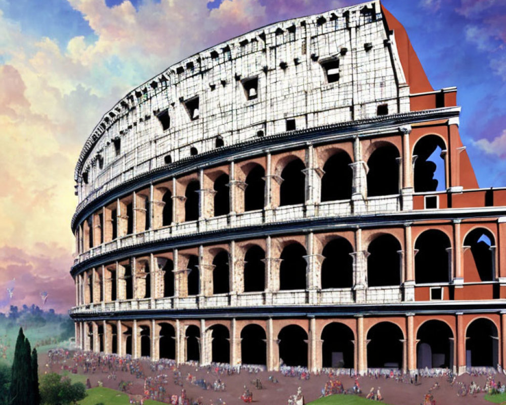 Digital illustration of intact Colosseum in ancient Rome with crowds.