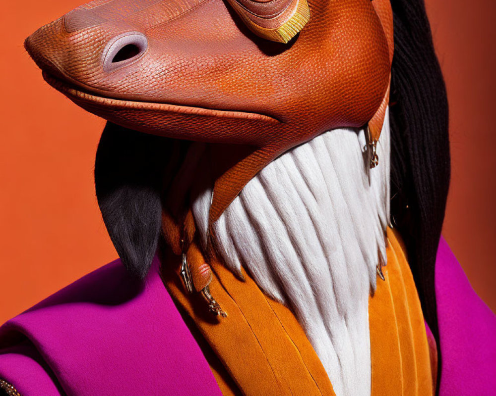 Colorful Jar Jar Binks-inspired costume with purple blazer and white beard accent