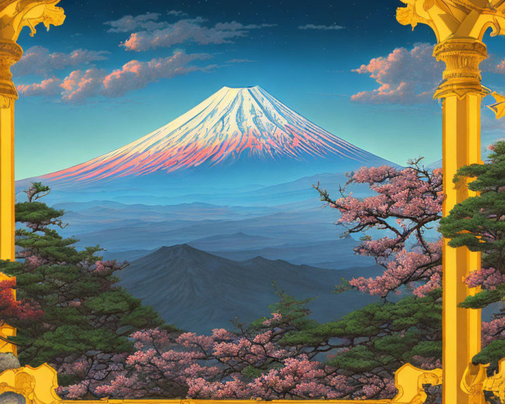 Golden frame featuring Mount Fuji at sunrise with cherry blossoms