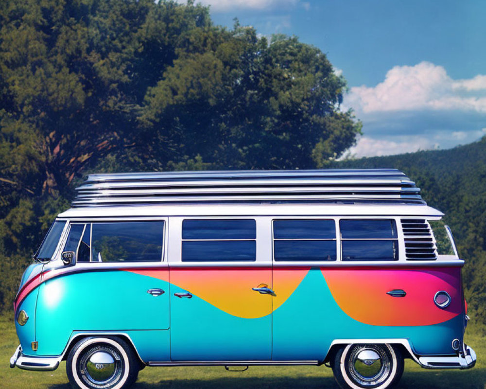 Colorful Hippie Design Volkswagen Van Parked in Scenic Nature Setting