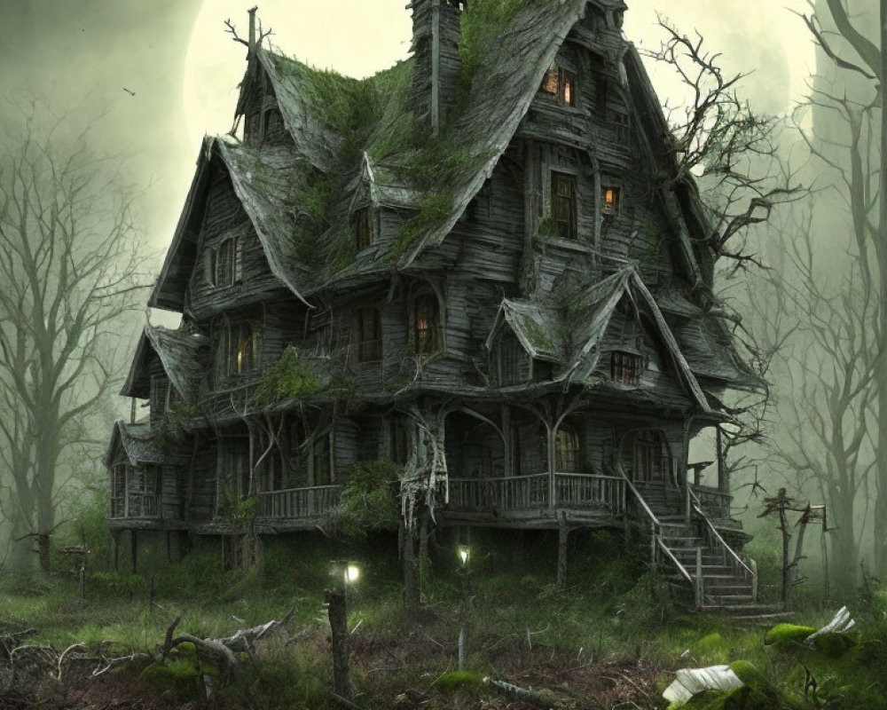 Eerie wooden house in foggy forest with green lights