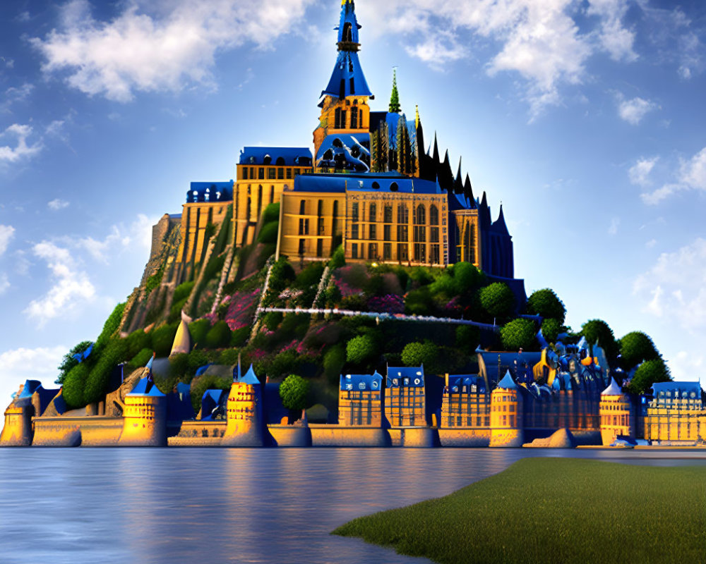 Fantasy-inspired castle with soaring spires on green hill by water