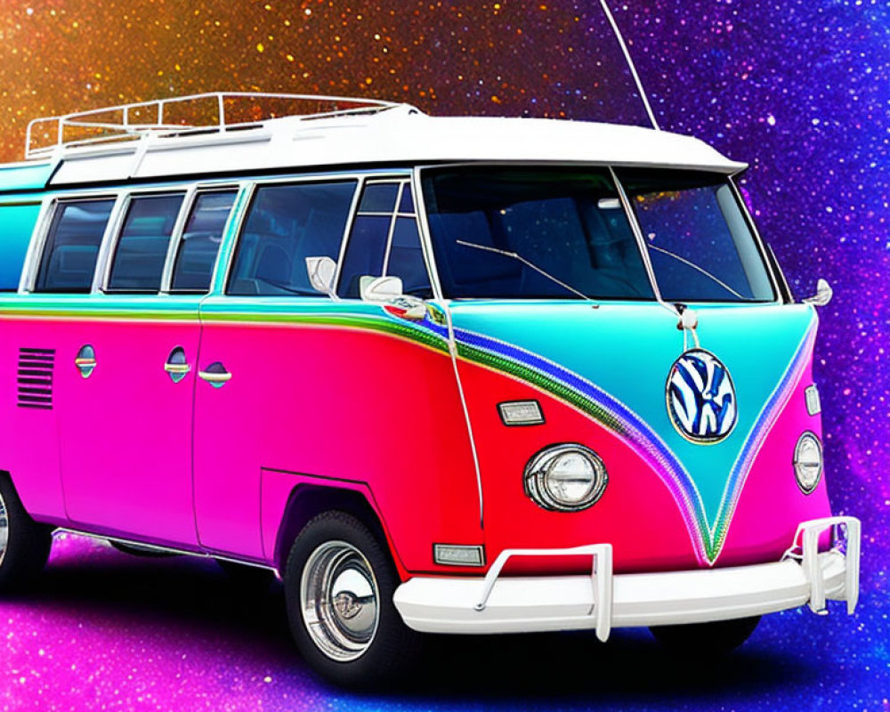 Colorful Vintage Volkswagen Van with Pink and Teal Paint Job on Sparkly Background