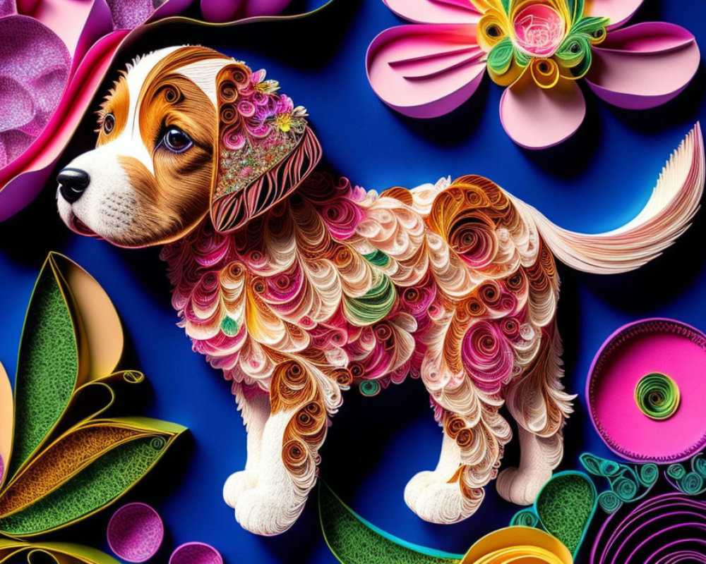 Vibrant paper quilling dog art with floral designs on blue background