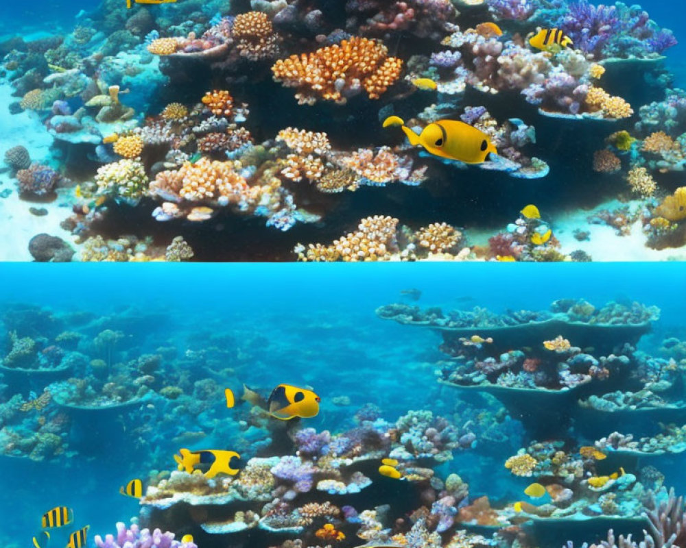Colorful Coral Reef Scenes with Diverse Fish in Clear Blue Water